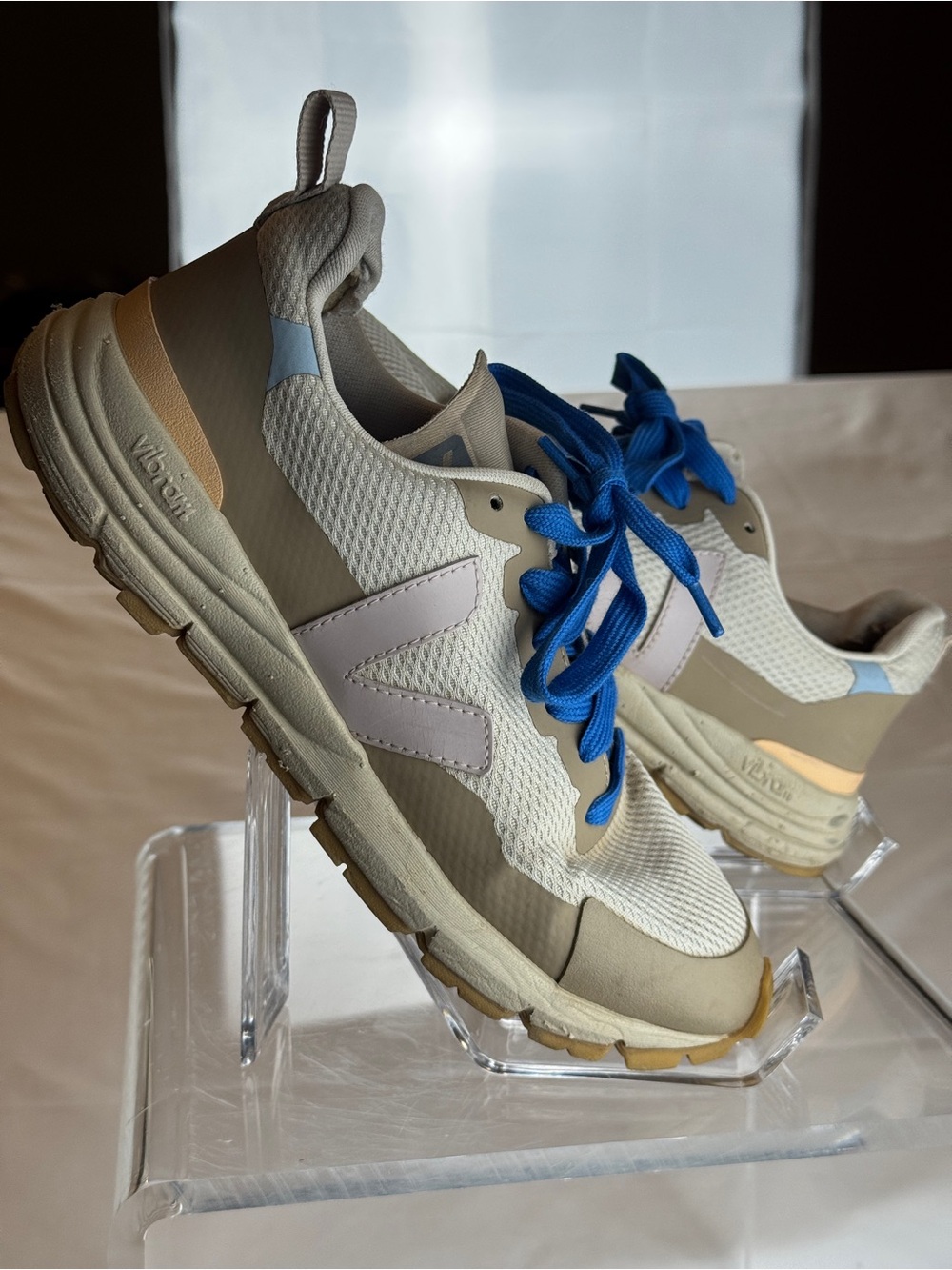 Veja Women's Athletic Trainer in Neutral Tones with Blue Laces